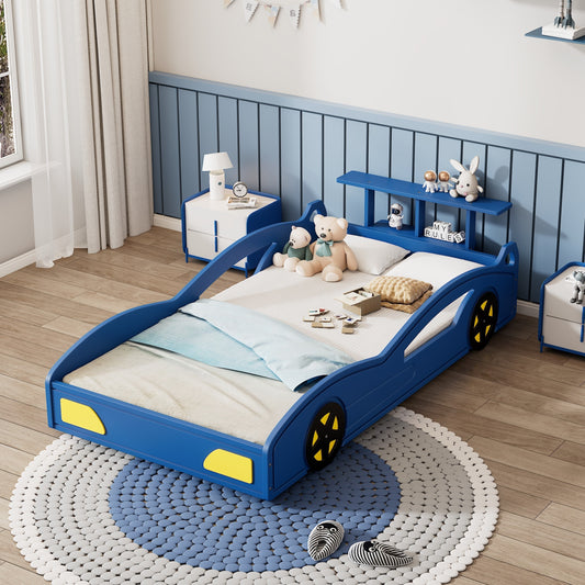 Wooden Race Car Bed,Car-Shaped Platform Twin Bed with Wheels For Teens,Blue & Yellow