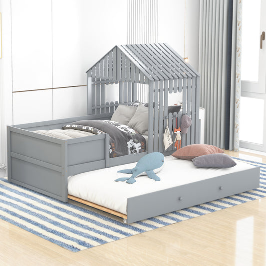 Twin Size House Low Loft Bed with Trundle,Gray