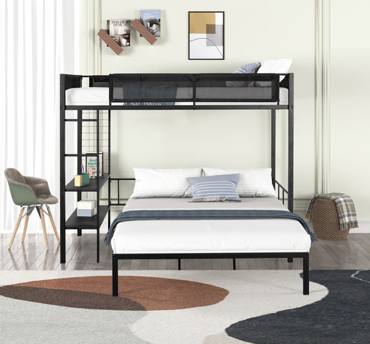 Metal Twin over Full Bunk with Shelves & Grid Panel/ Sturdy Metal Bed Frame/ Noise-free Wood Slats/ Comfortable Textilene Guardrail/ Built-in 2-tier Shelves & Grid Panel/ Separated Full size Bed