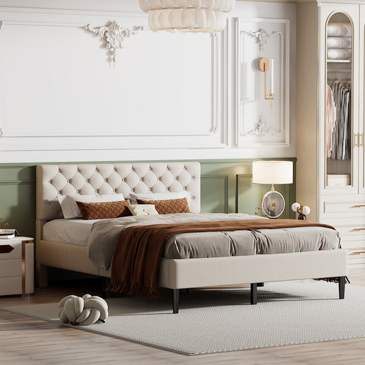 Upholstered Linen Platform Bed, Queen Size, Beige
