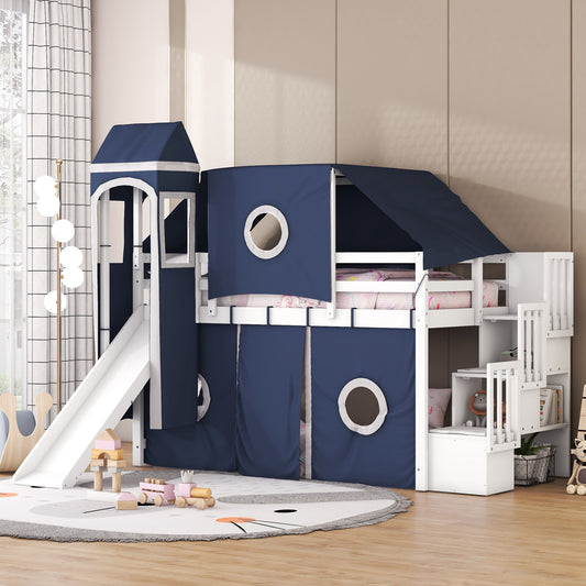 Twin Size Loft Bed with Tent and Tower - Blue