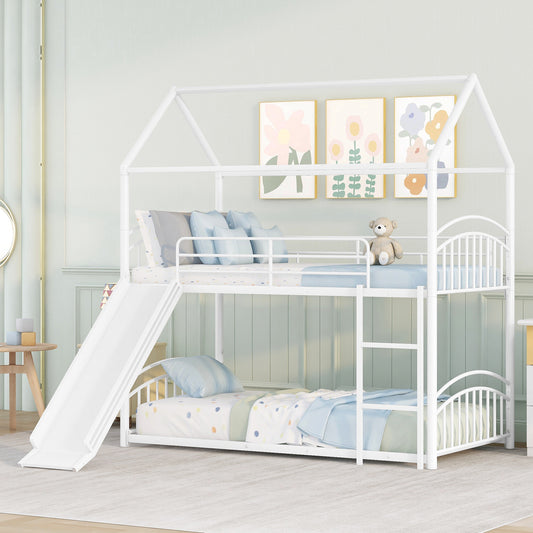 Twin Over Twin Metal Bunk Bed With Slide,Kids House Bed White