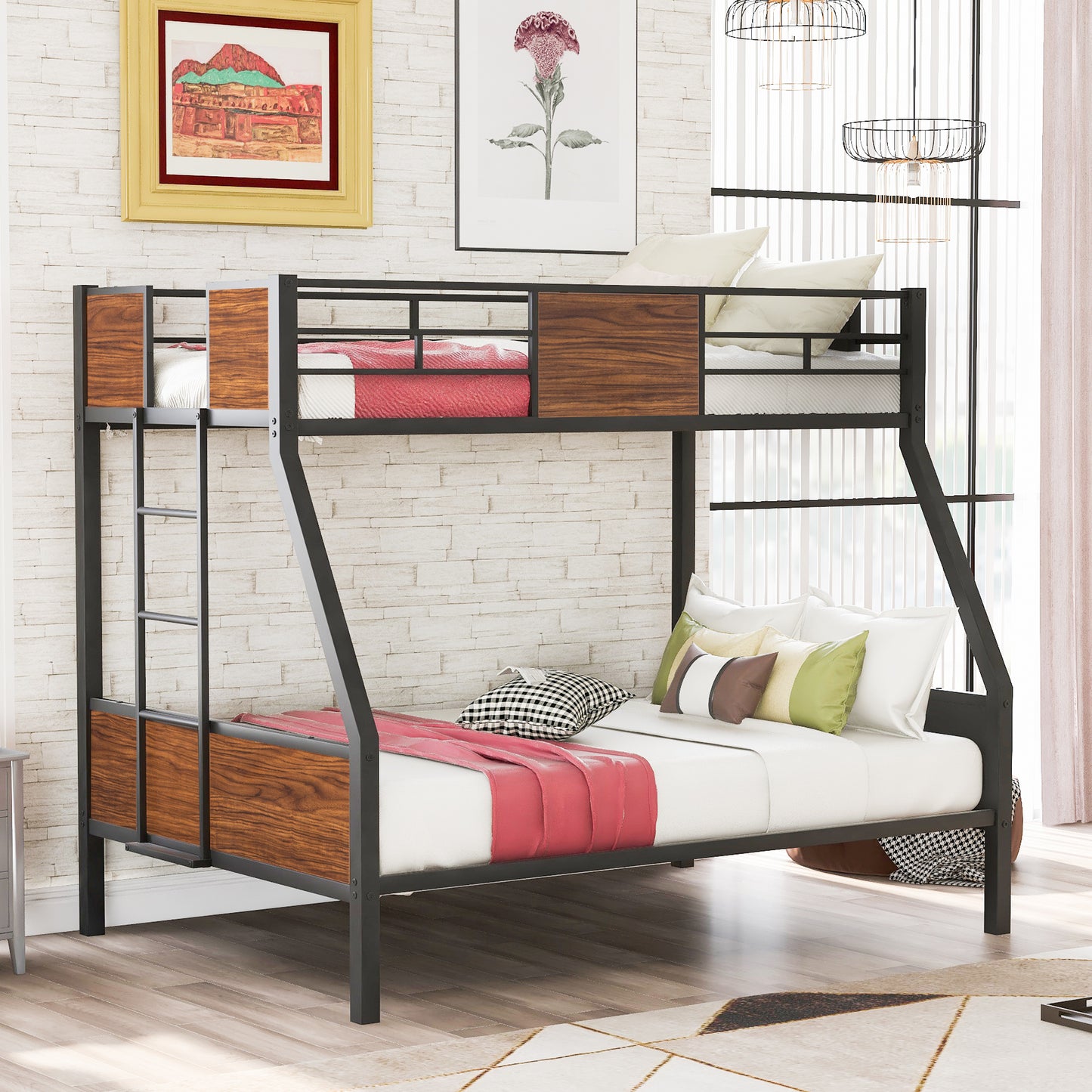 Twin-over-full bunk bed modern style steel frame bunk bed with safety rail, built-in ladder for bedroom, dorm, boys, girls, adults