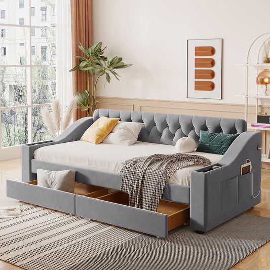 Twin Size Upholstered Daybed with Storage Armrests and USB Port, Gray