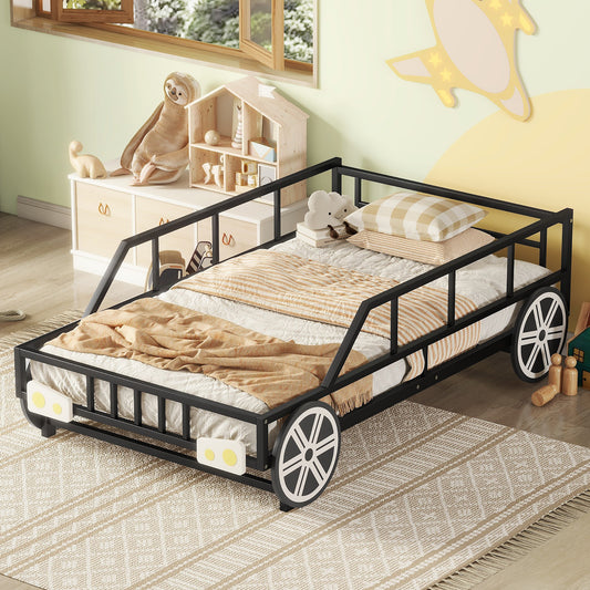Metal Twin Size Car-shaped Platform Bed with Wheels and Headlights Decoration, Black