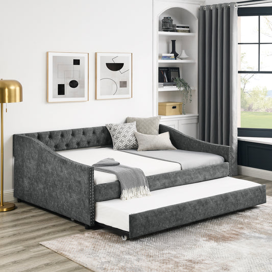 Full Size Daybed with Twin Size Trundle Upholstered Tufted Sofa Bed, with Button on Back and Copper Nail on Waved Shape Arms,Grey (80.5"x55.5"x27.5")