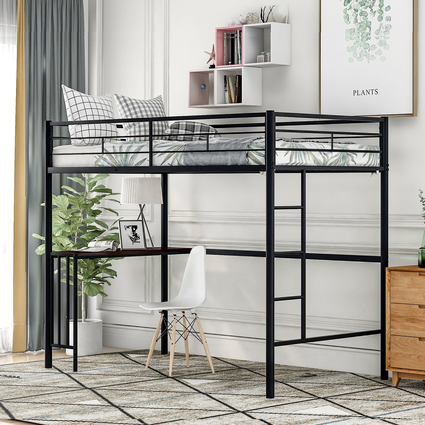Twin Metal Loft Bed with Desk, Ladder and Guardrails, Black