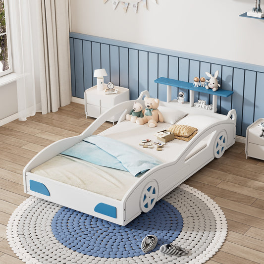 Wooden Race Car Bed,Car-Shaped Platform Twin Bed with Wheels For Teens,White & Blue
