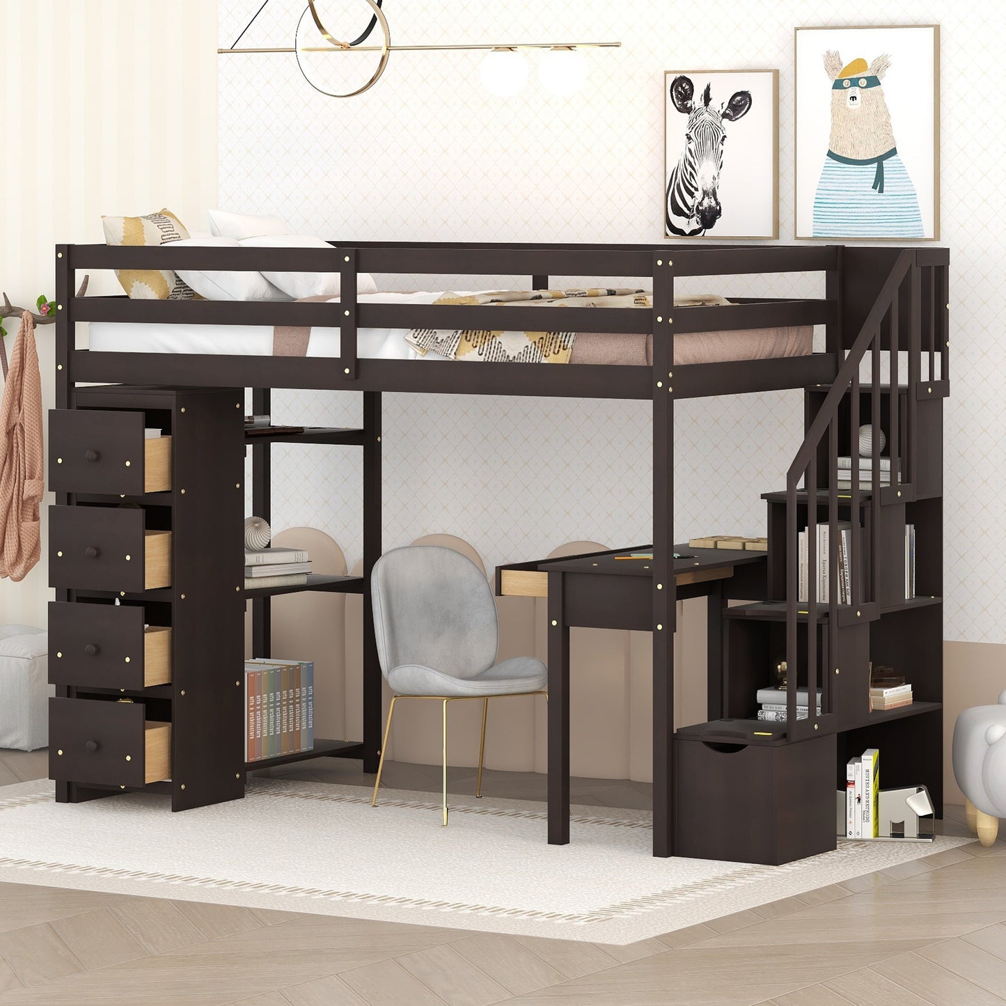 Twin size Loft Bed with Storage Drawers ,Desk and Stairs, Wooden Loft Bed with Shelves - Espresso