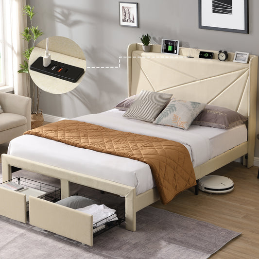 Queen Size Platform Bed Frame with 2 Storage Drawers, Upholstered Bed Frame with Wingback Headboard Storage Shelf Built-in  USB Charging Stations and Strong Wood Slats Support, No Box Spring Needed, Beige