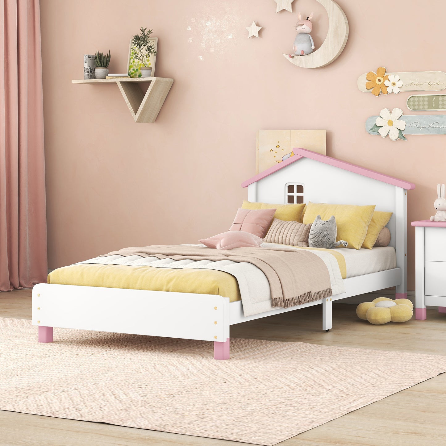 Twin Size Wood Platform Bed with House-shaped Headboard  (White+Pink)