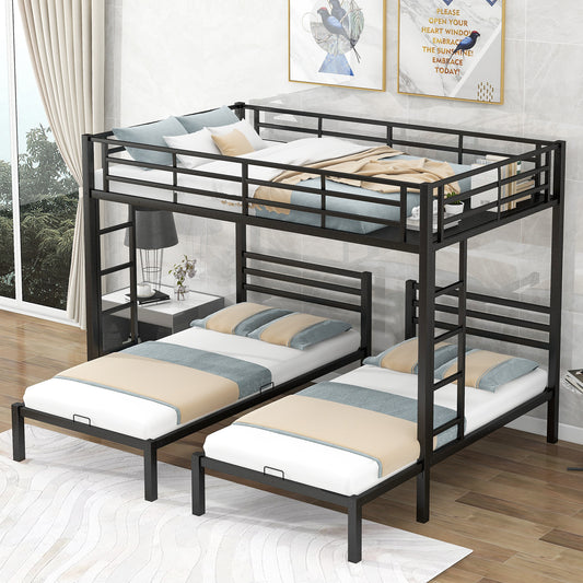 Full over Twin&Twin Size Bunk Bed with Built-in Shelf, Black