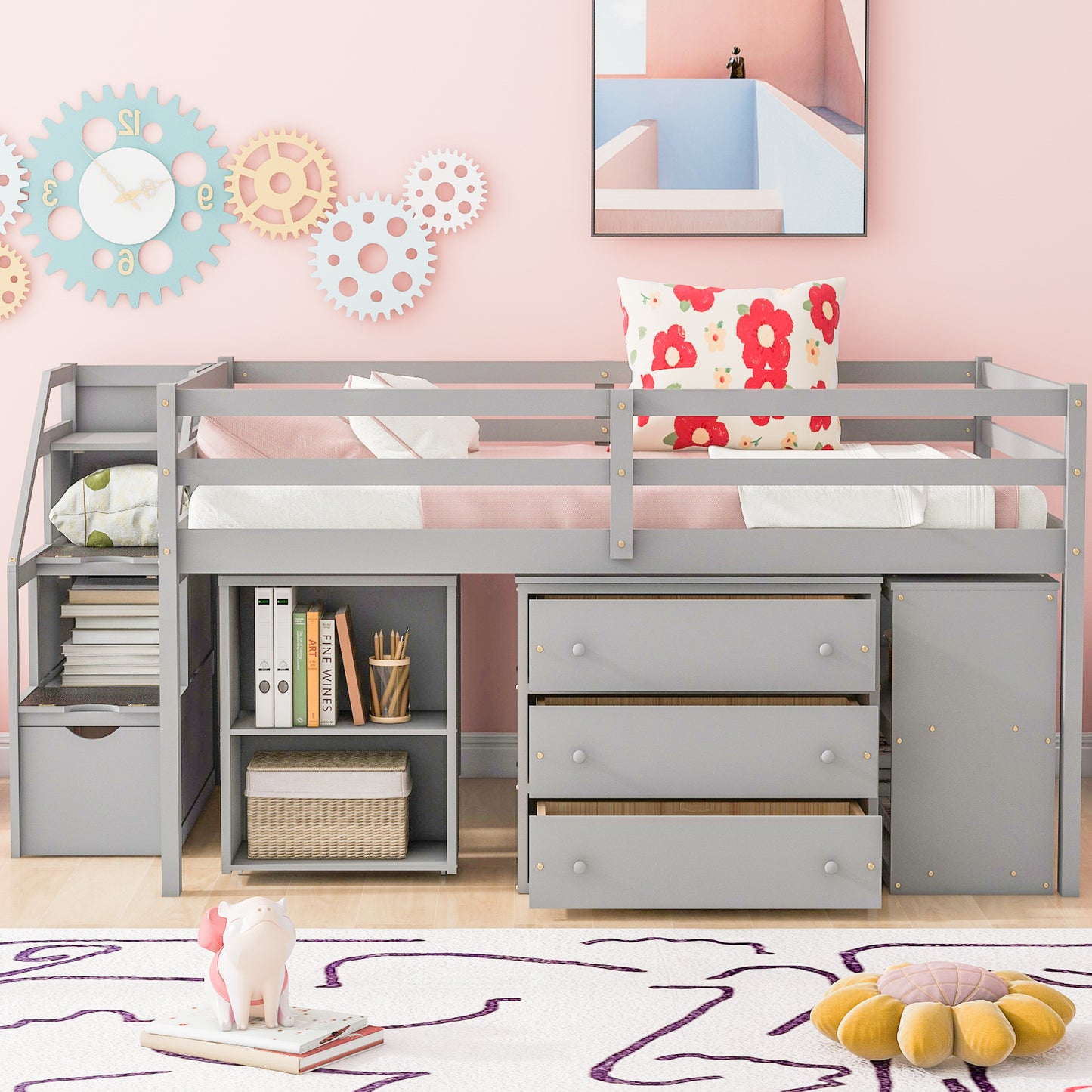 Full Size Loft Bed with Retractable Writing Desk and 3 Drawers, Wooden Loft Bed with Storage Stairs and Shelves, Gray