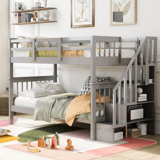Stairway Twin-Over-Twin Bunk Bed with Storage and Guard Rail for Bedroom, Dorm, Gray color