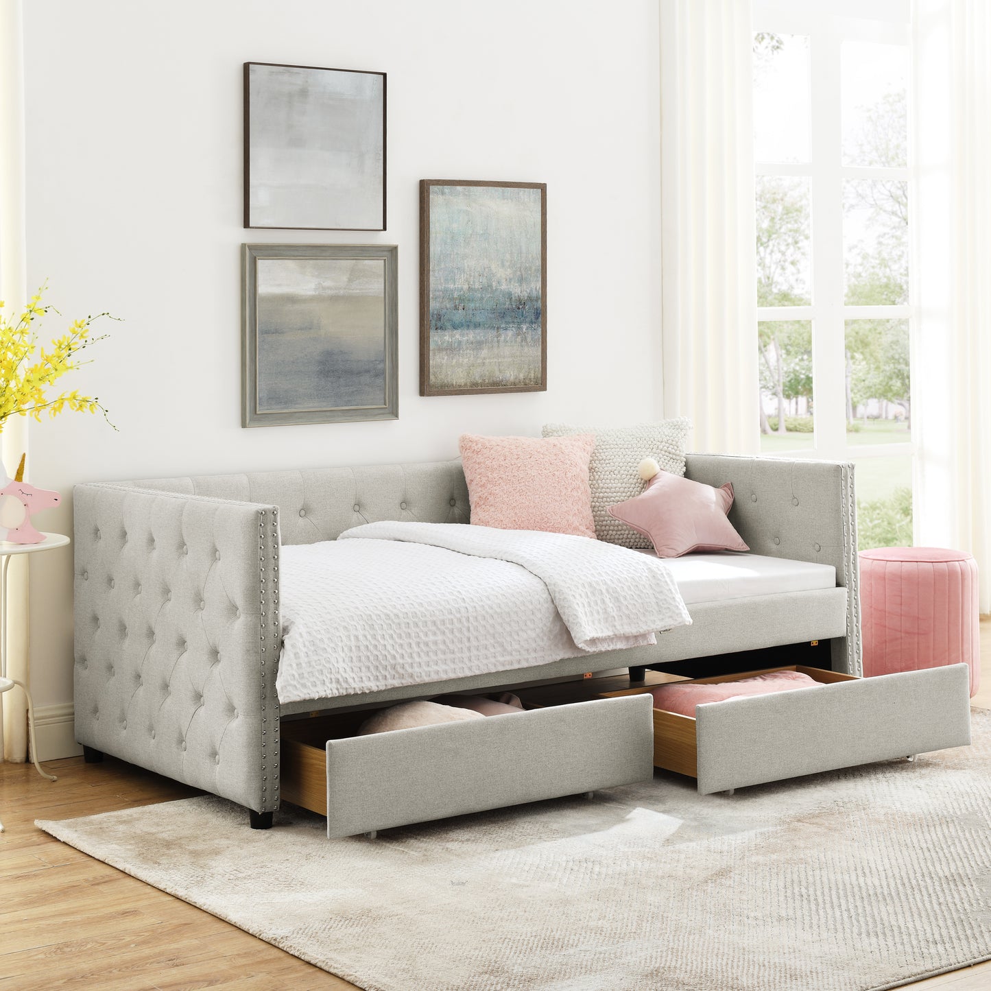 Upholstered Twin Size Daybed with Two Drawers, with Button and Copper Nail on Square Arms, Beige (82.75''x43''x30.75'')