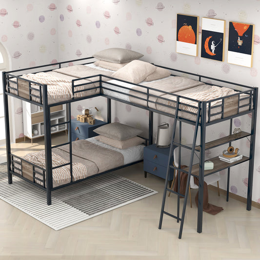 L-Shaped Twin over Twin Bunk Bed with Twin Size Loft Bed with Desk and Shelf ,Brown