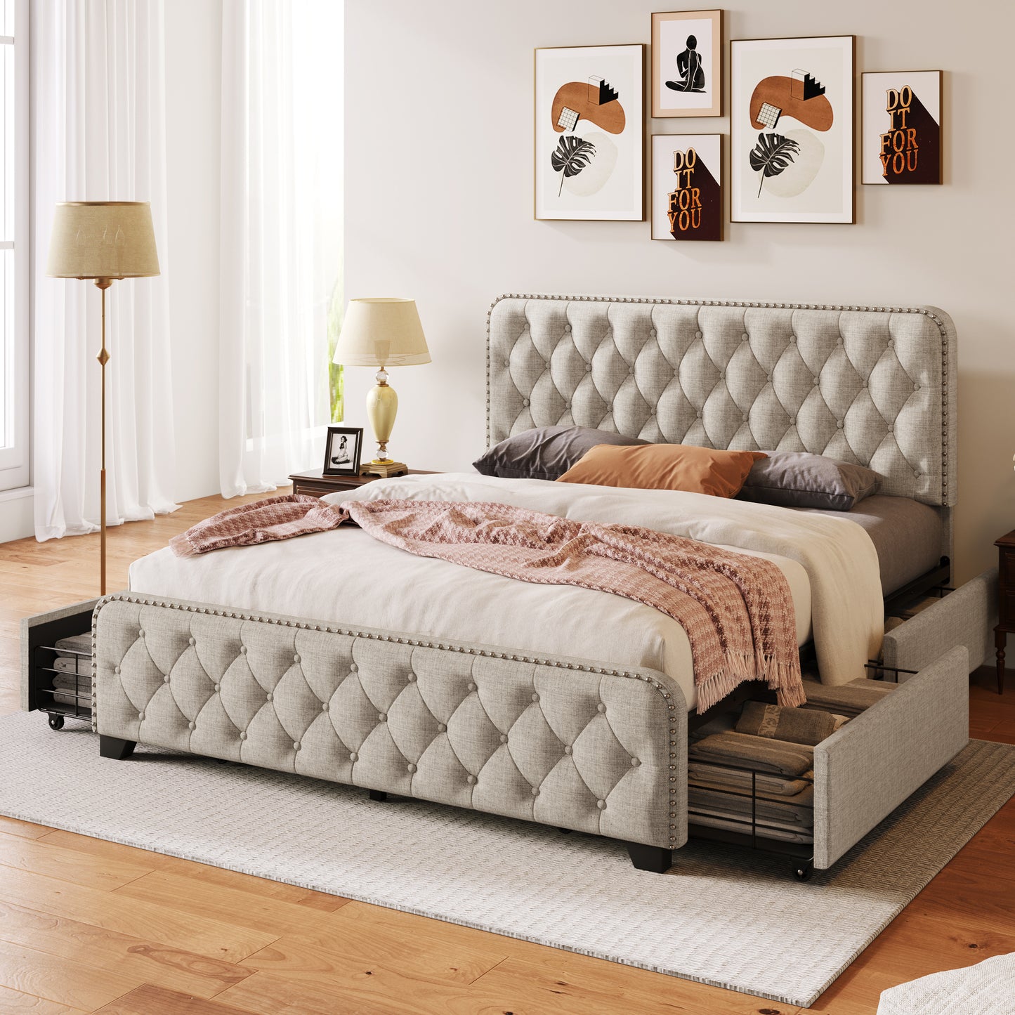 Upholstered Platform Bed Frame with Four Drawers, Button Tufted Headboard and Footboard Sturdy Metal Support, No Box Spring Required, Beige, Queen