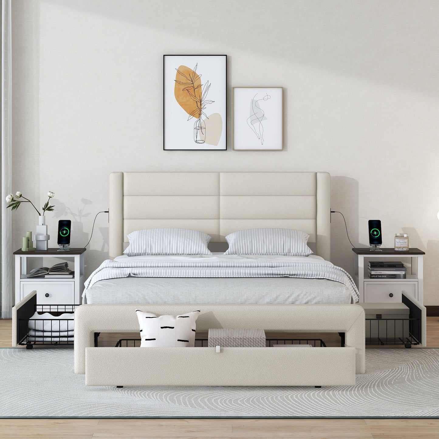 Queen Size Bed Frame with Drawers Storage, Leather Upholstered Platform Bed with Charging Station,Beige