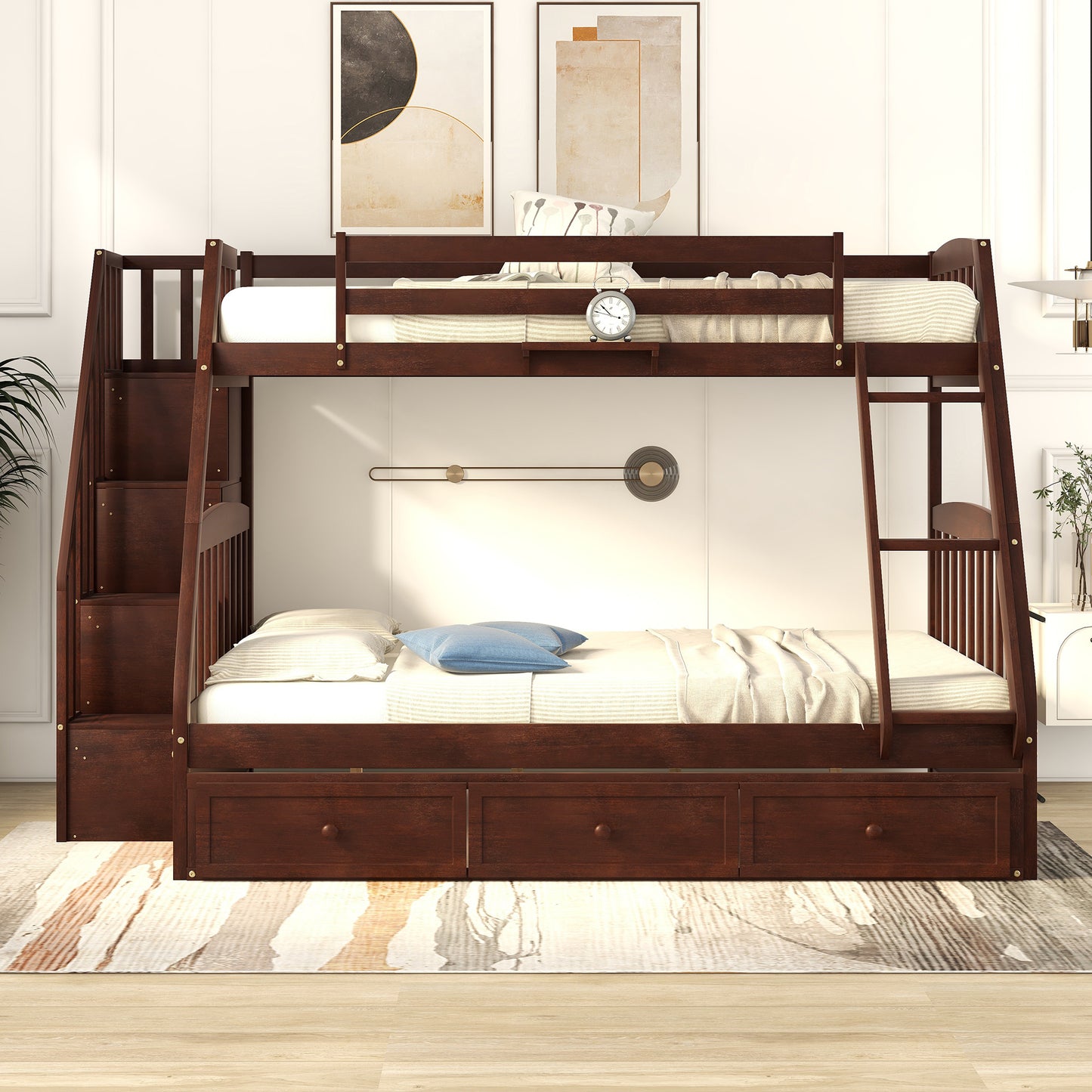 Twin-Over-Full Bunk Bed with Drawers，Ladder and Storage Staircase, Espresso