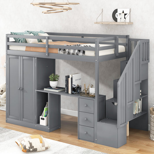 Twin Size Loft Bed with Wardrobe and Staircase, Desk and Storage Drawers and Cabinet in 1,Gray