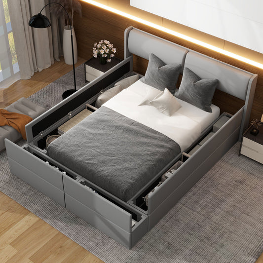 Queen Size Upholstery Storage Platform Bed with Storage Space on both Sides and Footboard, Gray