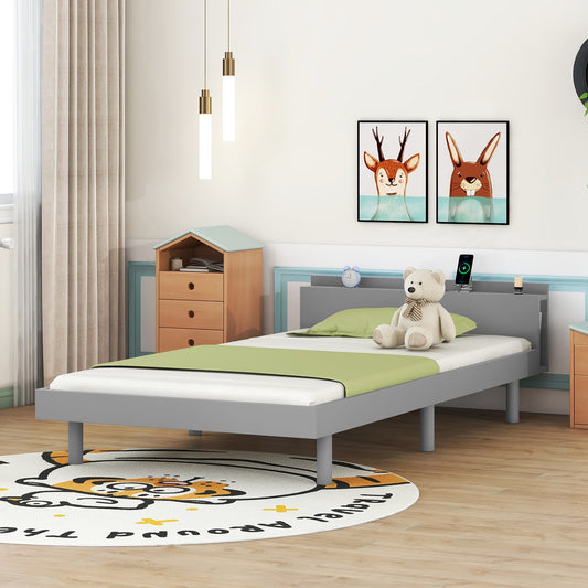 Modern Design Twin Size Platform Bed Frame with Headboard for Grey Color