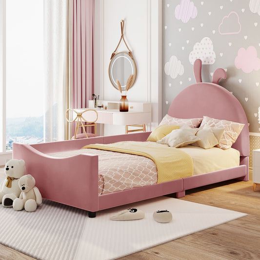 Twin Size Upholstered Daybed with Rabbit Ear Shaped Headboard, Pink