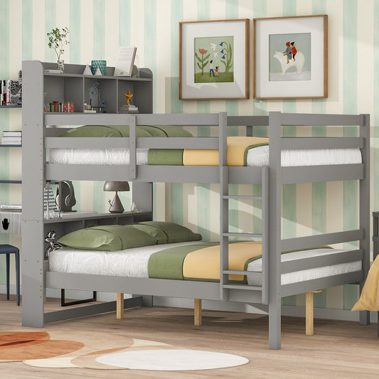 Full Over Full Bunk Beds with Bookcase Headboard, Solid Wood Bed Frame with Safety Rail and Ladder, Kids/Teens Bedroom, Guest Room Furniture, Can Be converted into 2 Beds, Grey