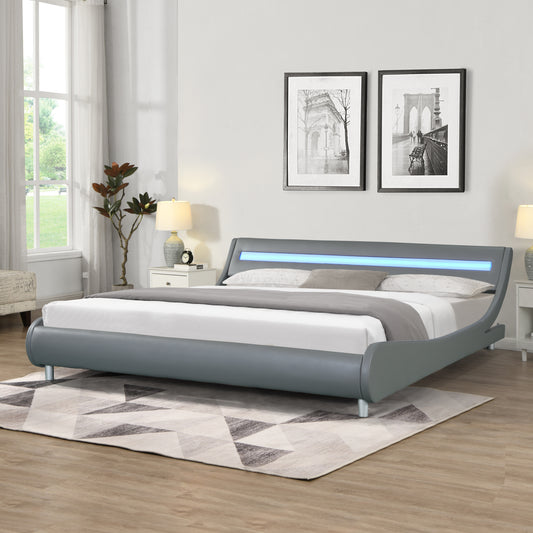 Faux Leather Upholstered Platform Bed Frame with led lighting , Curve Design, Wood Slat Support, No Box Spring Needed, Easy Assemble, King Size, Gray