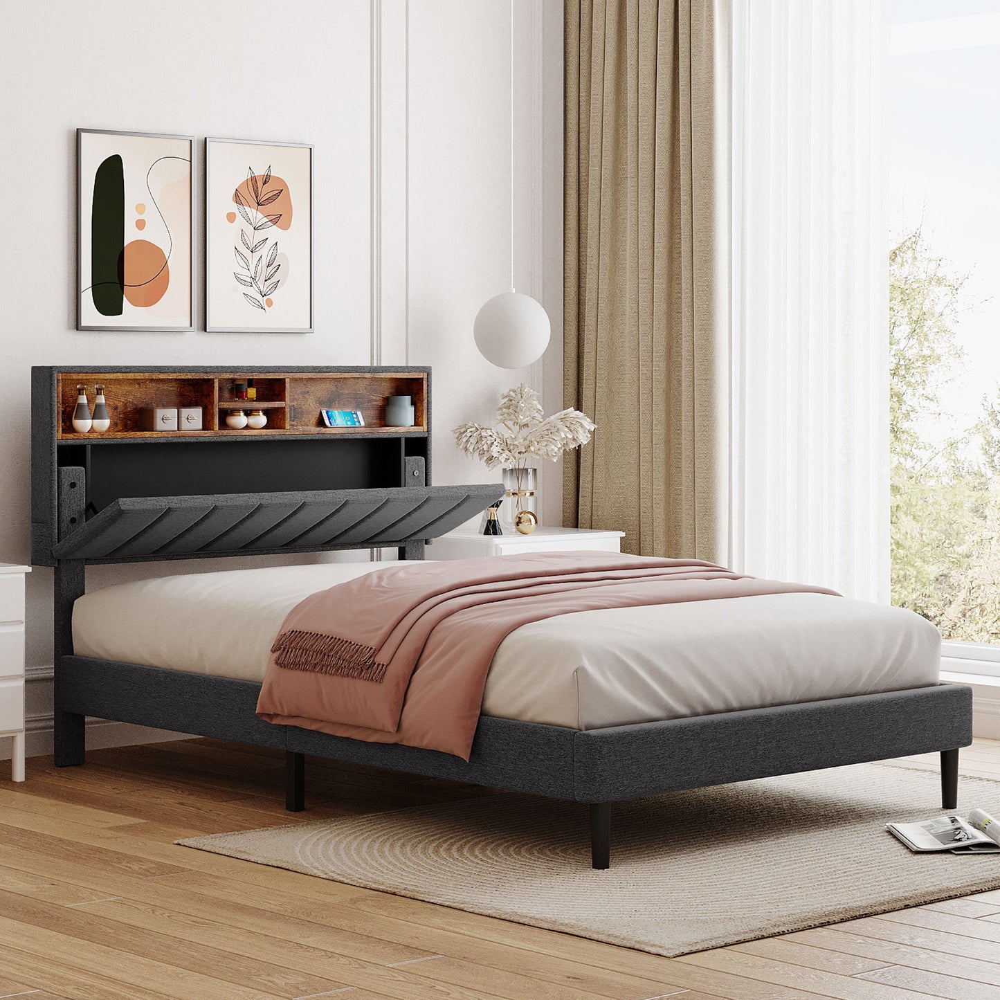 Full size Upholstered Platform Bed with Storage Headboard and USB Port,  Linen Fabric Upholstered Bed (Gray)