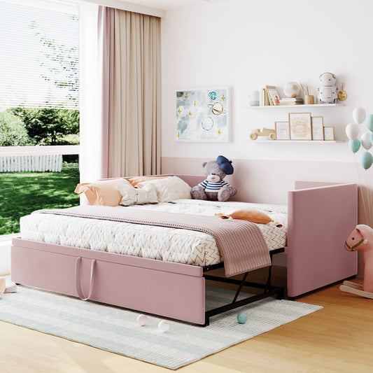Twin Size Upholstered daybed with Pop Up Trundle, Pink