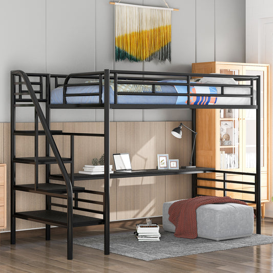 Metal Loft Bed Frame with Desk, No Box Spring Needed,Twin ,Black