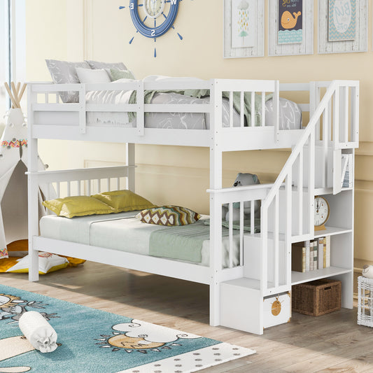 Stairway Twin-Over-Twin Bunk Bed with Storage and Guard Rail for Bedroom, Dorm, White color