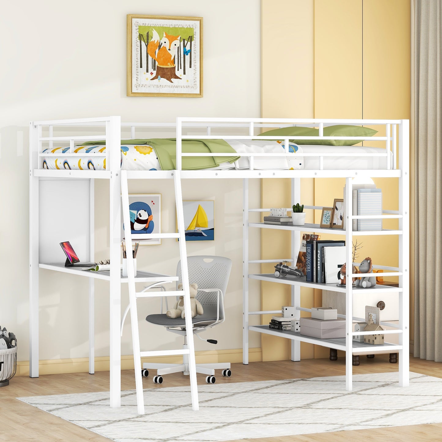Full Size Loft Metal Bed with 3 Layers of Shelves and Desk, Stylish Metal Frame Bed with Whiteboard, White