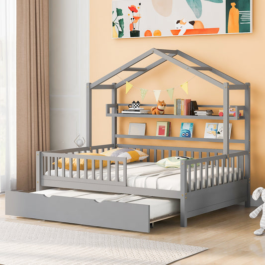 Wooden Full Size House Platform Bed with Twin Size Trundle, Kids Bed with Shelf, Gray