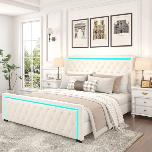 King Platform Bed Frame, Velvet Upholstered Bed with Deep Tufted Buttons, Adjustable Colorful Lighted Strip Decorative Headboard, Wide Wingbacks, BEIGE
