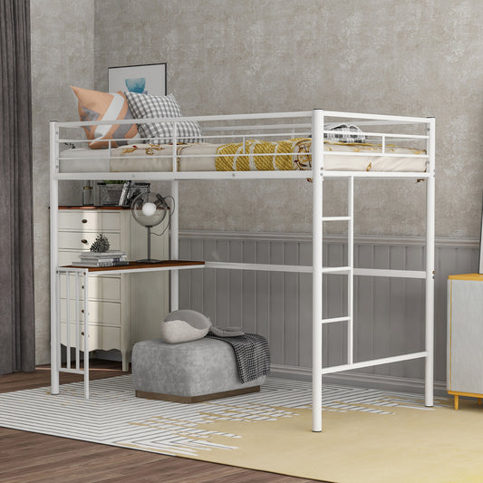 Twin Metal Loft Bed with Desk, Ladder and Guardrails, White