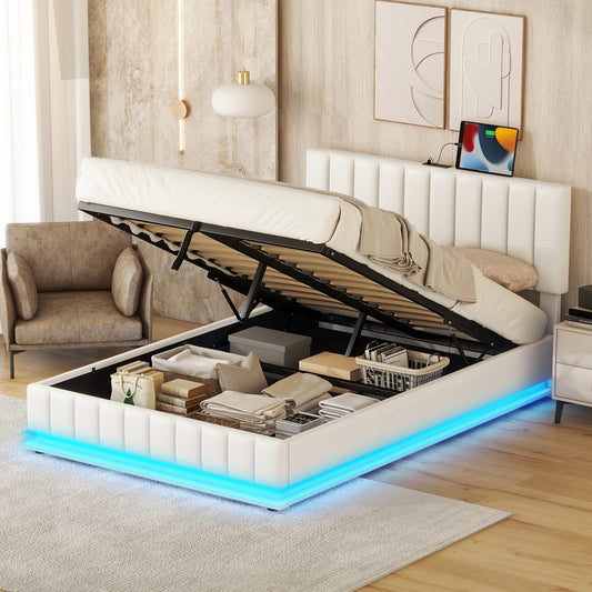 Full Size Upholstered Bed with Hydraulic Storage System and LED Light, Modern Platform Bed with Sockets and USB Ports, White