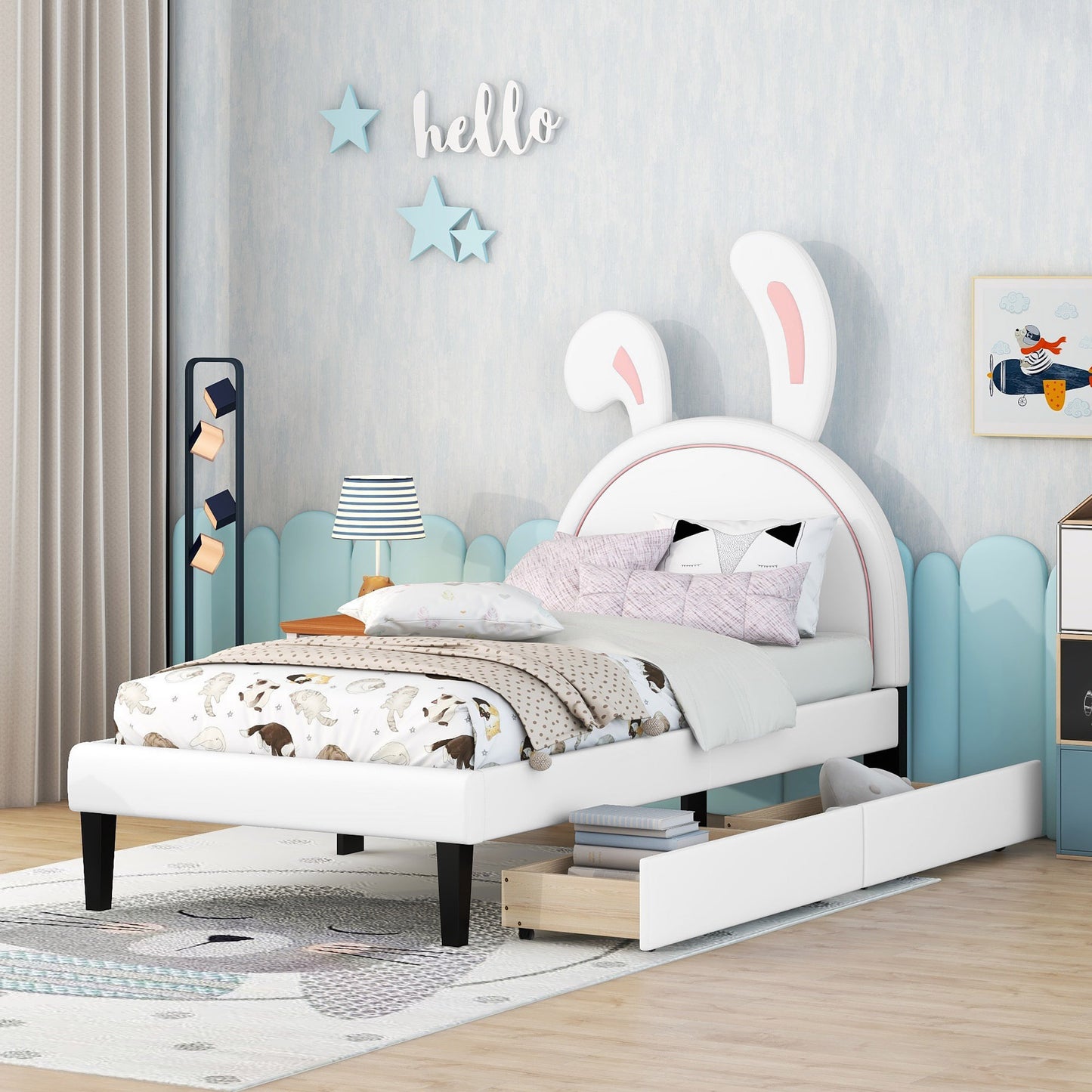 Twin Size Upholstered Leather Platform Bed with Rabbit Ornament and 2 Drawers, White