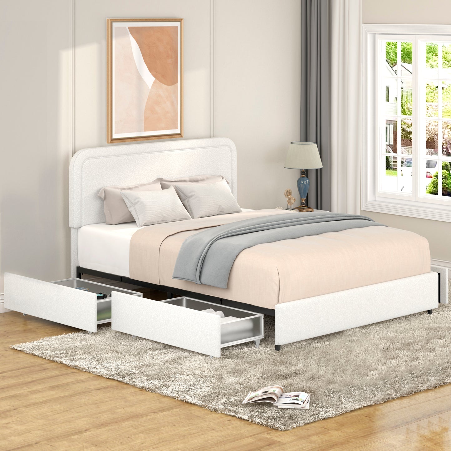Liv Queen Size Ivory Boucle Upholstered Platform Bed with Patented 4 Drawers Storage, Curved Stitched Tufted Headboard, Wooden Slat Mattress Support, No Box Spring Needed