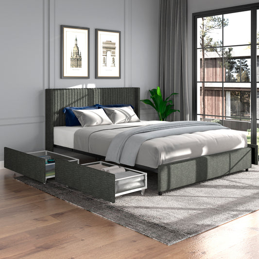 Anna Queen Size Gray Linen Upholstered Wingback Platform Bed with Patented 4 Drawers Storage, Modern Design Headboard with Tight Channel, Wooden Slat Mattress Support No Box Spring Needed