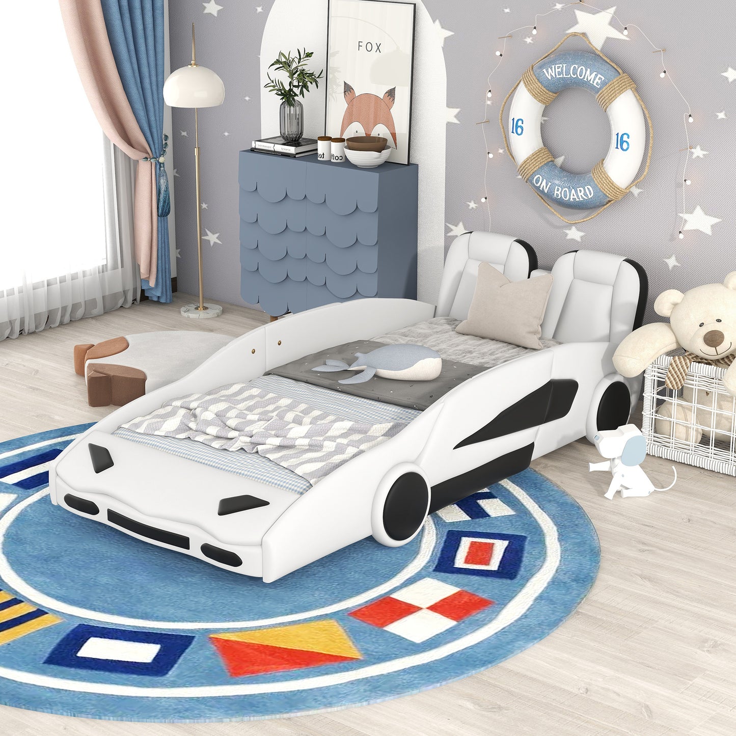 Twin Size Race Car-Shaped Platform Bed with Wheels, White