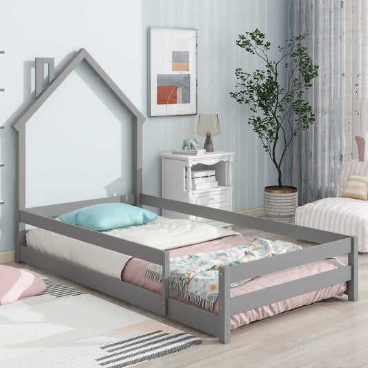 Twin Size Wood Platform bed with House-shaped Headboard & Fences - Gray