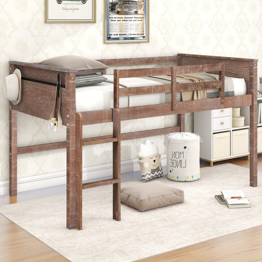 Wood Twin Size Loft Bed with Hanging Clothes Racks, White Rustic Natural
