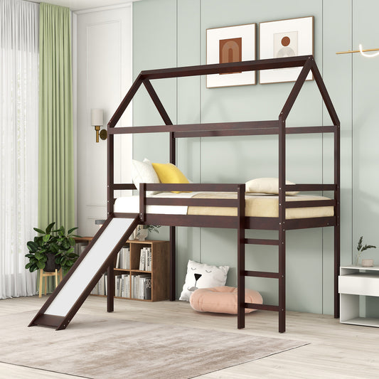 Twin Loft Bed with Slide, House Bed with Slide,Gray