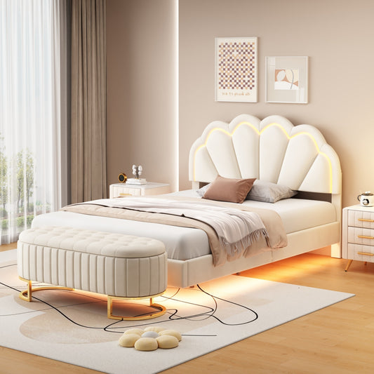 2-Pieces Bedroom Sets Full Size Upholstered LED Platform Bed with Storage Ottoman-Velvet,Beige