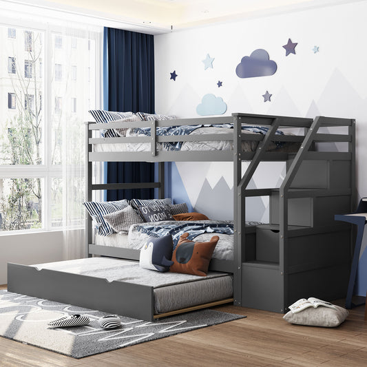 Twin-Over-Twin Bunk Bed with Twin Size Trundle and 3 Storage Stairs,Gray