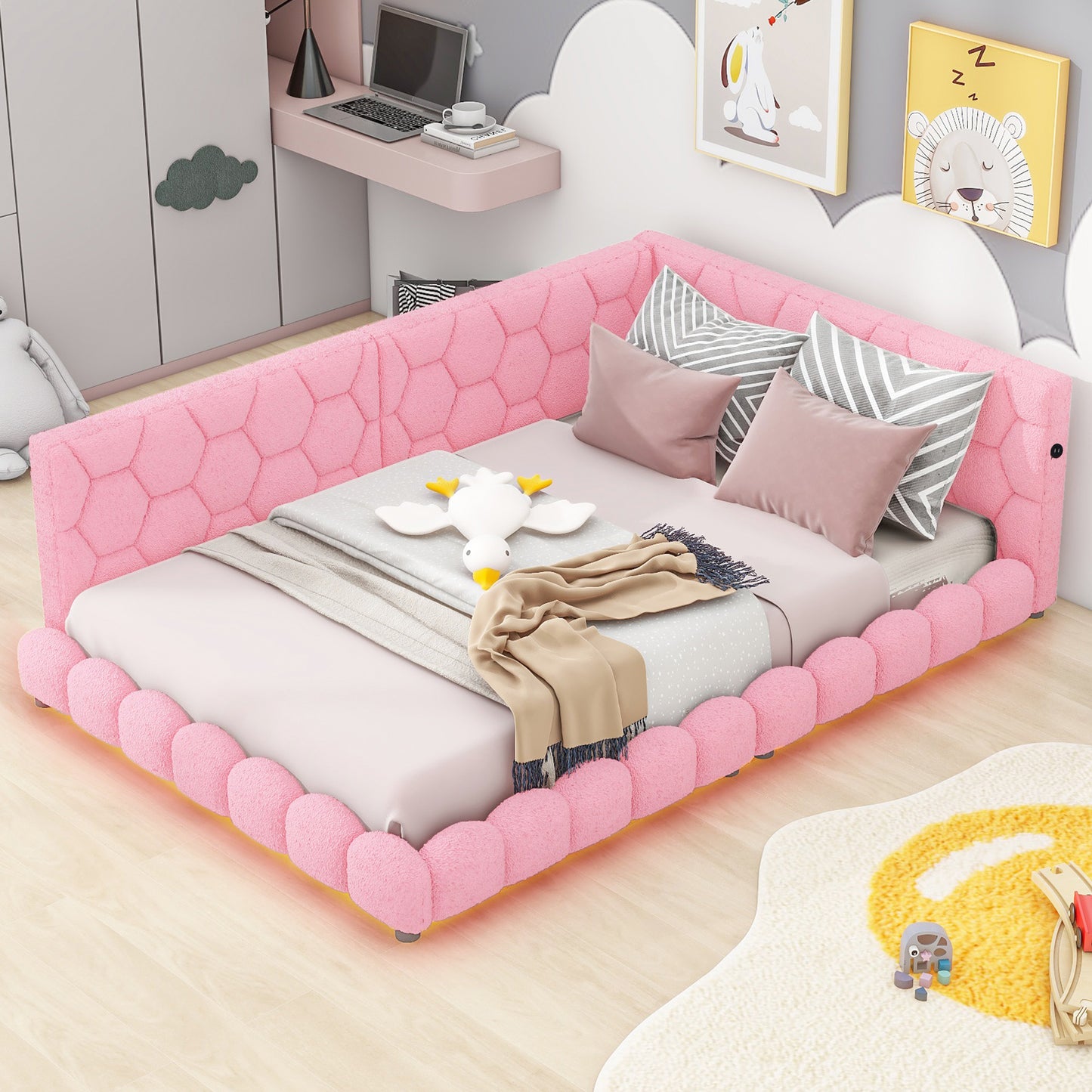 Upholstered Full Size platform bed with USB Ports and LED belt, Pink