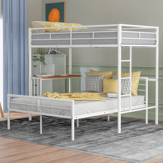 Twin Over Full Metal Bunk Bed with Desk, Ladder and Quality Slats for Bedroom, Metallic  White