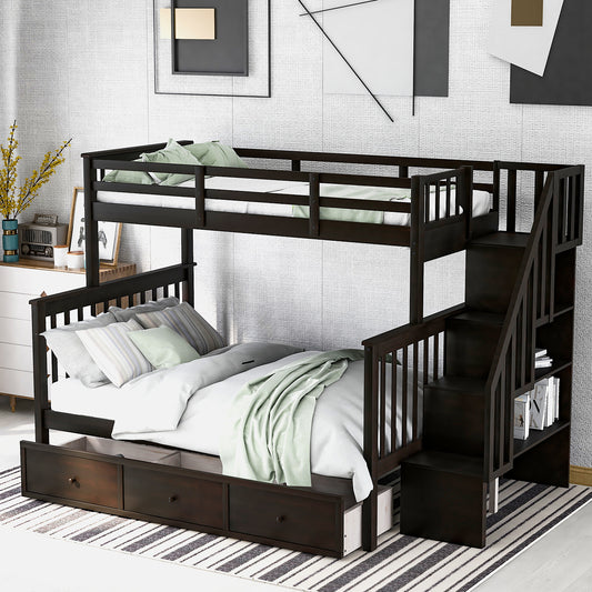 Stairway Twin-Over-Full Bunk Bed with Drawer, Storage and Guard Rail for Bedroom, Dorm, for Adults, Espresso color